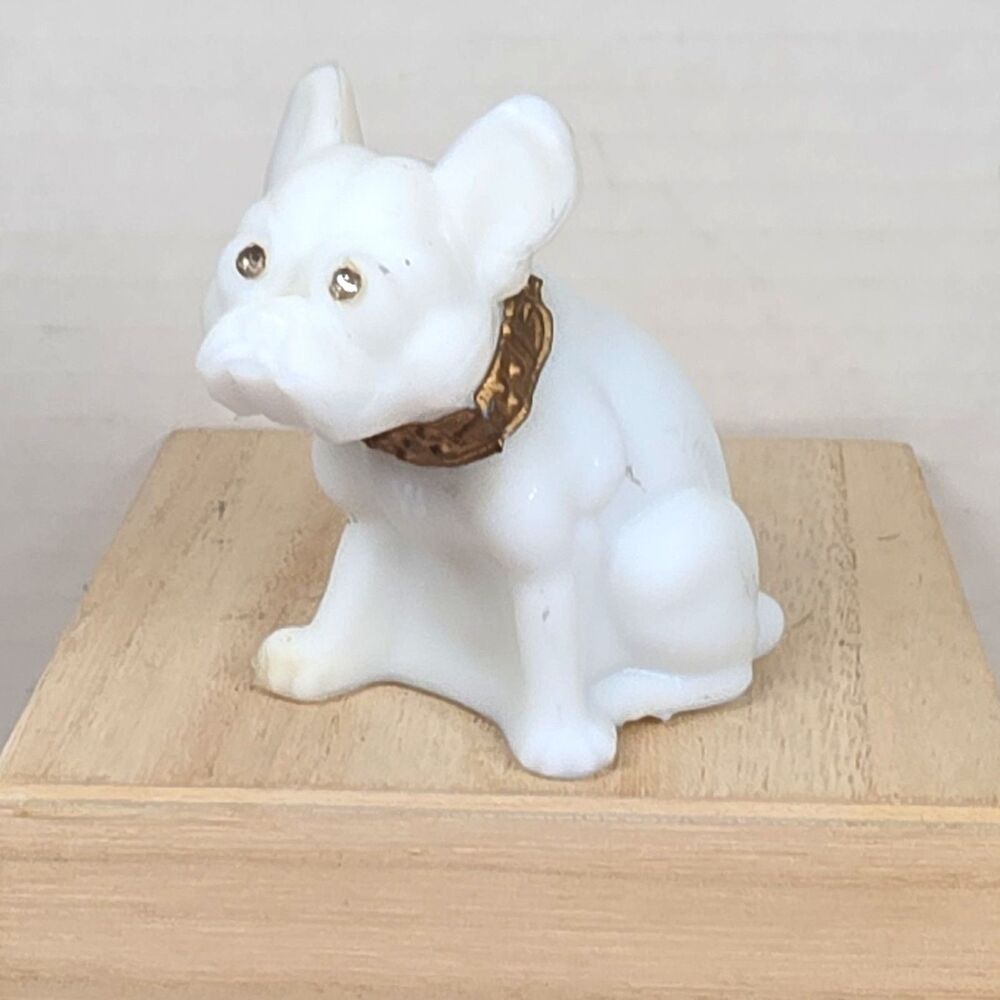 Westmoreland White Glass French Bulldog Dog Figurine Rhinestone Eyes Vintage